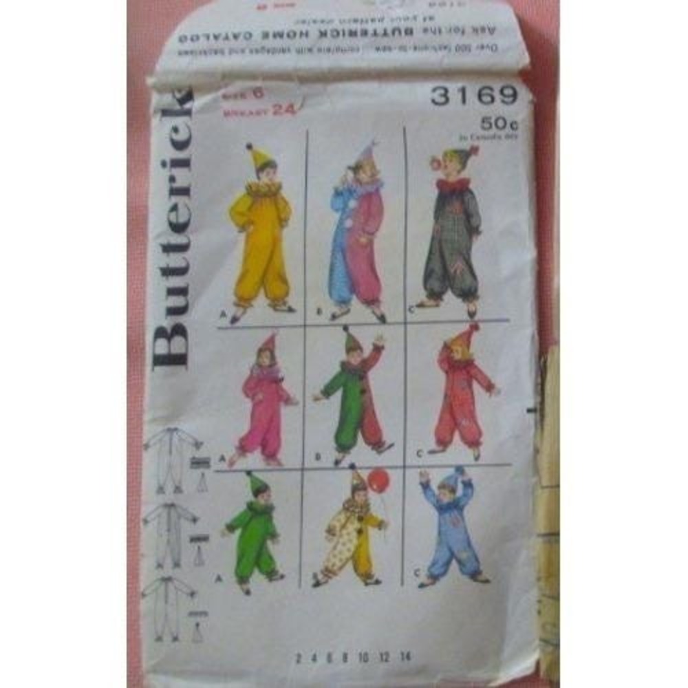 Vtg Butterick 3169 Childrens Clown Costume Hat 1960's size 6